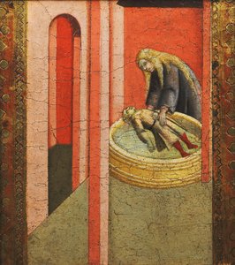 Die heilige Elisabeth von Ungarn belebt ein in einem Brunnen ertrunkenes Kind wieder von Pietro Lorenzetti