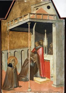 Ugolotti nimmt das Mönchsgewand an (Detail des Polyptychons Leben der heiligen Demut)