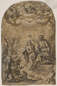 Die Taufe Christi mit Gott dem Vater und Engeln unter Wolken von Pietro Mera