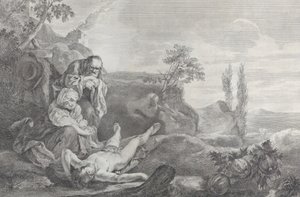 Adam und Eva als älteres Paar, trauernd über die Leiche von Abel