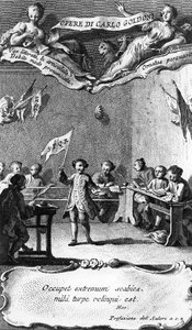 Carlo Goldoni schwenkt eine Fahne zur Feier seines Jahresabschlusses an der Jesuitenschule in Perugia, aus 