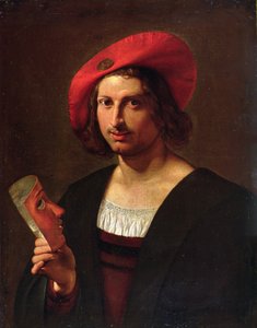 Porträt eines jungen Mannes mit einem Abzeichen am Hut, der eine Maske hält von Pietro Paolini