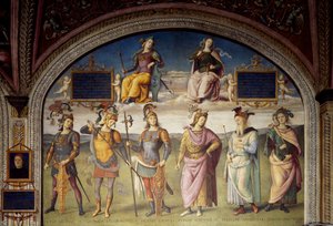 Allegorien von Tapferkeit und Mäßigung mit sechs antiken Helden von Pietro Perugino