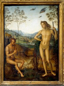 Apollo und Marsyas (Marsyas spielt Flöte vor Apollo) von Pietro Perugino