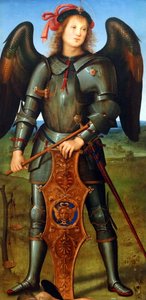 Detail (Die Jungfrau und das Kind mit einem Engel, der Erzengel Raphael mit Tobias und der Erzengel Michael) von Pietro Perugino