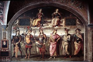 Stärke und Mäßigung mit sechs antiken Helden von Pietro Perugino