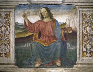 Der Erlöser, Jesus hält die Weltkugel und erhebt seine Hand zum Segen (Fresko)