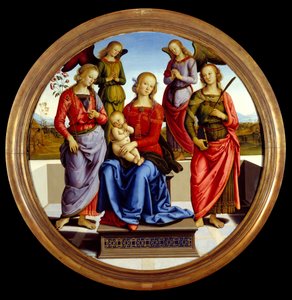 Die Jungfrau und das Kind, umgeben von zwei Engeln, der Heiligen Rose und der Heiligen Katharina. Gemälde von Pietro Vannucci, genannt il Perugino (Der Peruginer)