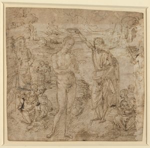 a) Die Taufe Christi; b) Gewandete Figur mit Buch und Mann mit Axt, um 1475 von Pietro Perugino