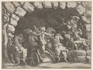 Pluto, von hinten gesehen, betritt die Unterwelt auf seinem Streitwagen, Cerberus und drei Furien..., ca. 1680