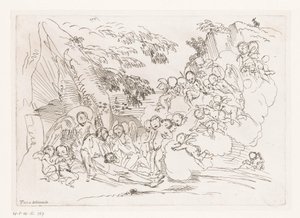 Mann mit Kreuz, liegend an einem Felsen, umgeben von Engeln von Pietro Testa