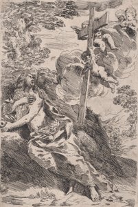 Maria Magdalena in der Wüste, ein Kreuz von Engeln getragen