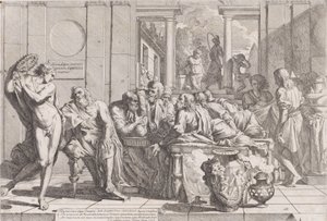 Platons Symposium: Sokrates und seine Gefährten sitzen um einen Tisch und diskutieren über ideale Liebe, 1648