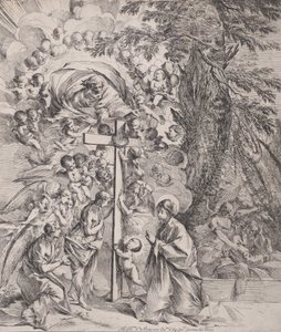 Der Traum des heiligen Joseph, der rechts schläft, die Jungfrau und das Kind bei einem Kreuz von Pietro Testa