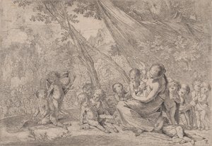 Der Garten der Nächstenliebe, Frau, die Nächstenliebe darstellt, rechts umgeben von Kindern, ca. 1631-37 von Pietro Testa