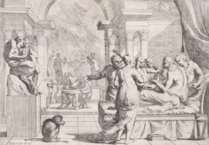 Der verlorene Sohn auf einer Couch, im Hintergrund Zecher, ca. 1645 von Pietro Testa