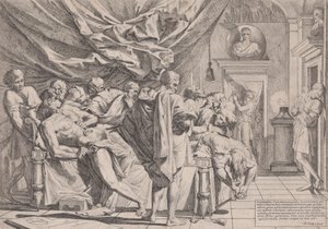 Der Selbstmord des Philosophen Cato, der auf seinem Bett liegt und seine Eingeweide herauszieht, beobachtet von..., 1648 von Pietro Testa