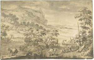 Italienische Küstenszene mit Fischern, Lager (recto); Flussmündung (verso) von Pietro da Cortona