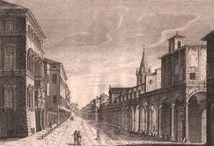 Ansicht der Strada Maggiore in Bologna, Emilia-Romagna, Italien, Kupferstich von C Lambertini nach einer Zeichnung von Pio Panfili, ca. 13,5x19 cm von Pio Panfili
