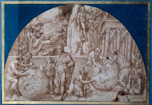 Astronomie-Allegorie. Wissenschaftler nehmen Messungen an Erdgloben vor. Zeichnung mit brauner Tinte von Pirro Ligorio (ca. 1500-1583) 16. Jahrhundert Paris, Louvre Museum von Pirro Ligorio