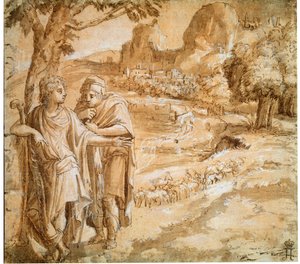 Hirte und Pilger in einer Landschaft, ca. 1550 von Pirro Ligorio