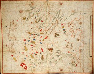 Ägäisches Meer, aus dem Portolan-Atlas bestehend aus sechs Karten, von Placido Caloiro und Francesco Oliva, Pergament. 1646.