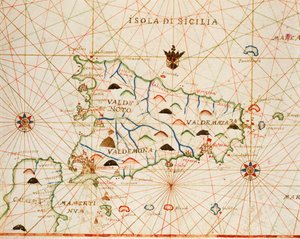Sizilien aus dem Portolan-Atlas bestehend aus sechs Karten, von Placido Caloiro und Francesco Oliva, Pergament. 1646. von Placido Caloiro e Oliva