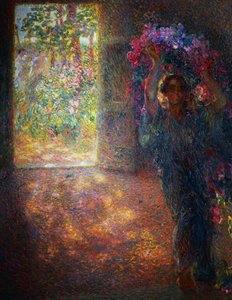 Blumenhaus, ca. 1910, von Plinio Nomellini (1866-1943), Öl auf Leinwand, 200x160 cm, Italien, 20. Jahrhundert von Plinio Nomellini
