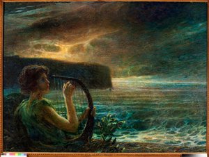 Vollmond, Hommage an eine weibliche Gottheit, die in einer Meereslandschaft mit stürmischem Himmel Leier spielt von Plinio Nomellini