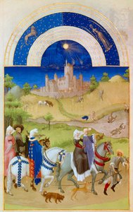 August: Herren spazieren durch die Felder, während die Bauern die Ernte einholen und baden. Im Hintergrund: das Schloss von Etampes. Miniatur in „Die sehr reichen Stunden des Herzogs von Berry“ von Pol De Limburg (15. Jahrhundert). Chantilly, Musée Condé