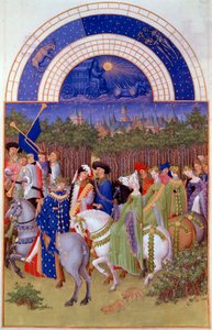 Gefolge von Adligen und Musikern zu Pferd, Blick auf den Herzogspalast von Riom (?) und den Monat Mai von Pol de Limbourg