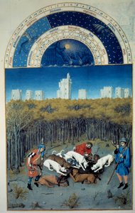Dezember: Jagdszene. Im Hintergrund Ansicht von Vincennes