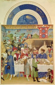 Der Herzog von Berry am Tisch und der Monat Januar. Flämische Miniatur von Pol De Limburg aus dem Manuskript „Die sehr reichen Stunden des Herzogs von Berry“