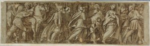 Sabiner überqueren den Fluss Tiber, um den römischen Spielen beizuwohnen von Polidoro da Caravaggio