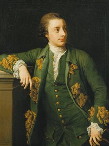 Porträt von Thomas Fortescue, M.P., stehend, dreiviertel Länge, trägt einen grünen Mantel und eine Weste, lehnt seinen rechten Arm auf ein Podest und hält einen Dreispitz in der linken Hand, 1767