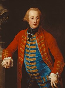 Porträt eines Kavallerieoffiziers in Ausgehuniform, Dreiviertellänge, an ein Podest mit einer Büste des Mars gelehnt, 1774 von Pompeo Girolamo Batoni