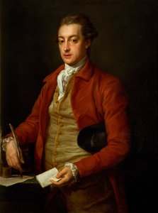 Porträt des Hon. Lionel Damer, Halbfigur in rotem Mantel mit grauer Weste und weißem Krawatt, hält ein Papier und eine Feder