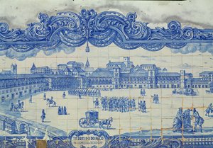 Azulejos-Fliesen, die den Praca do Comercio in Lissabon darstellen von Portuguese School