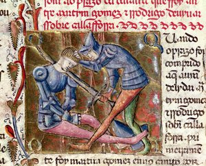 Schlacht zwischen Martin Gomez und El Cid (ca. 1043-99) aus Chroniken von Spanien, 1344