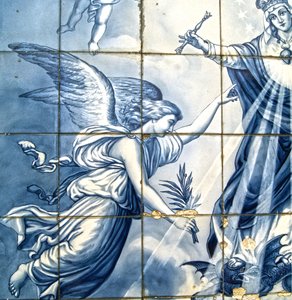 Dekoratives Panel mit Erzengel Gabriel und der Jungfrau Maria, die eine geflügelte Schlange zertritt, Lamego, Portugal, 1738
