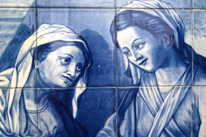 Detail von Maria trifft die Wirtin, Dekoratives Paneel, das Maria und Josef bei der Ankunft im Gasthaus darstellt, Lamego, Portugal. 1738