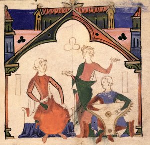 Fol.4r Musiker spielen Kastagnetten und ein Psalterium, aus dem Chansonnier des Nobles von Portuguese School