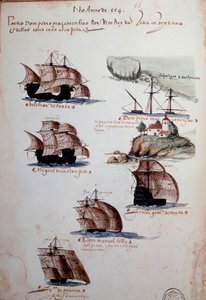 Manuskriptseite „Erinnerungen an die Armada von Portugal unter König Manuel I. (1469-1521)“ Darstellung der portugiesischen Flotten des Jahres 1497. 1500 Lissabon, Nationalmuseum für Alte Kunst von Portuguese School