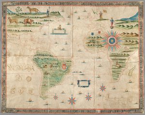 Karte von Westeuropa, Afrika und Amerika, mit Zeichnungen von Bergen, Tieren usw. Joseph da Costa e Miranda