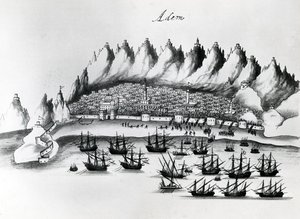 Portugiesischer Angriff auf Aden, Illustration aus Legends of India von Gaspar Correia, ca. 1858