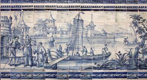 Szene am Ufer eines Flusses in Asien - Azulejos, bemalte Fayence