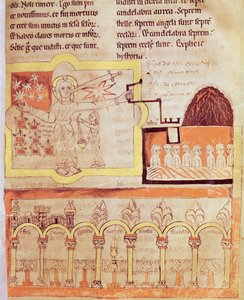 Das erste Erscheinen des Menschensohnes mit den sieben Kirchen Asiens und den sieben Sternen, aus der Apokalypse des St. Jean de Lorvao von Portuguese School