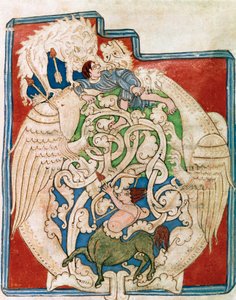 Initiale O mit Darstellung eines jagenden Zentauren. Miniatur aus „Das Alte Testament“ (Testamentum vetus) aus Santa Cruz de Coimbra. 12. Jahrhundert, Porto, Stadtbibliothek von Portuguese School