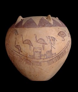 Gebrannter Tonkrug mit bemalten Verzierungen, einschließlich Boote und Tiere, ca. 3400-3300 v. Chr.