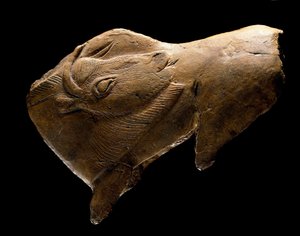 Aufstehender Bison (Skulptur aus Rentierholz aus dem Schutzraum der Madeleine in Dordogne, 11000 v. Chr.)
